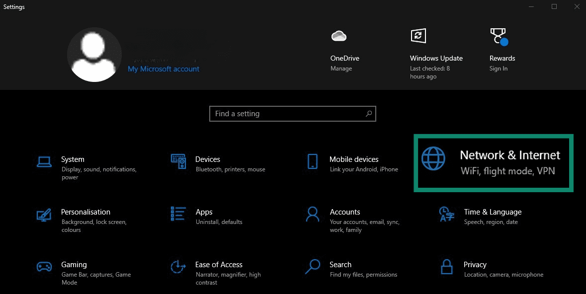 Windows 10 Settings menu highlighting Network & Internet.