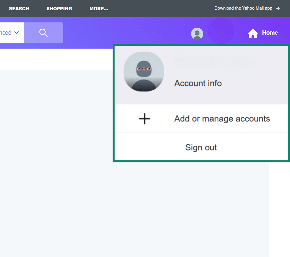 Yahoo account menu with the Account Info option highlighted.