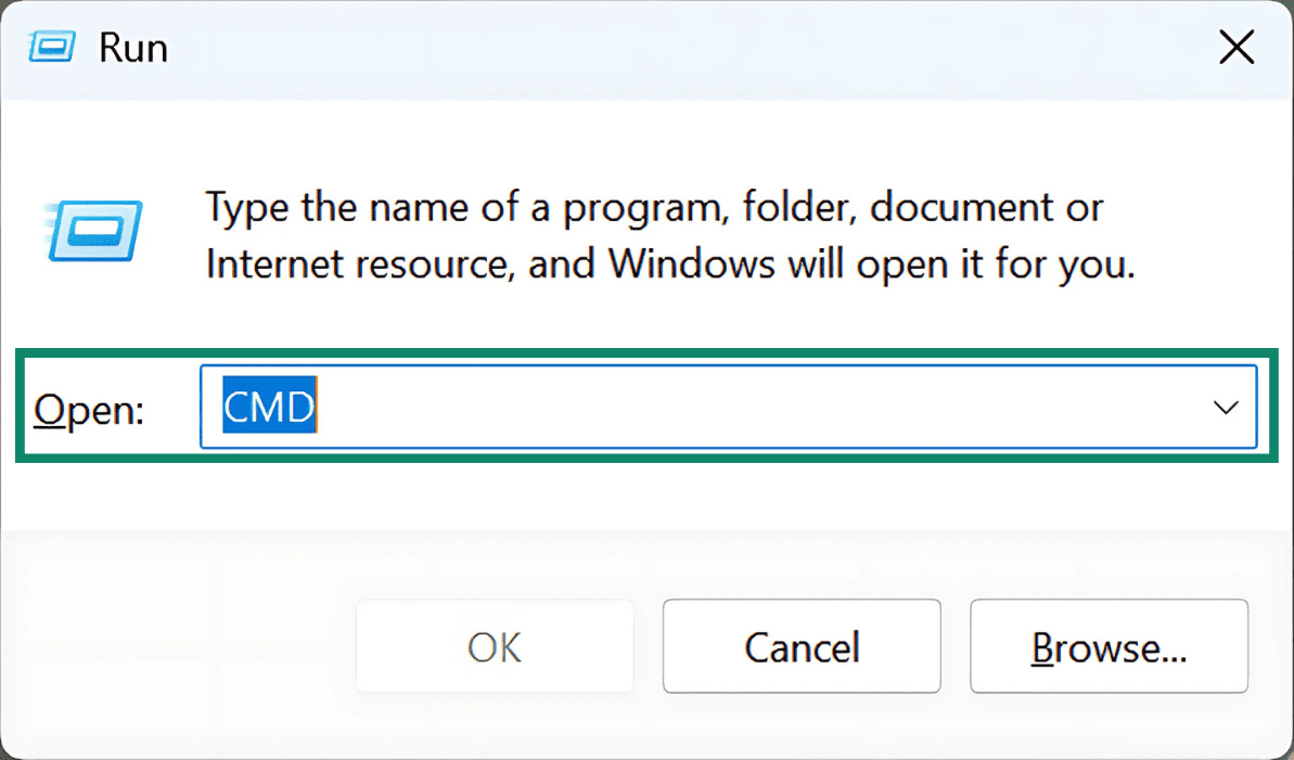 Type "CMD" into the Run program to open the Command Prompt.