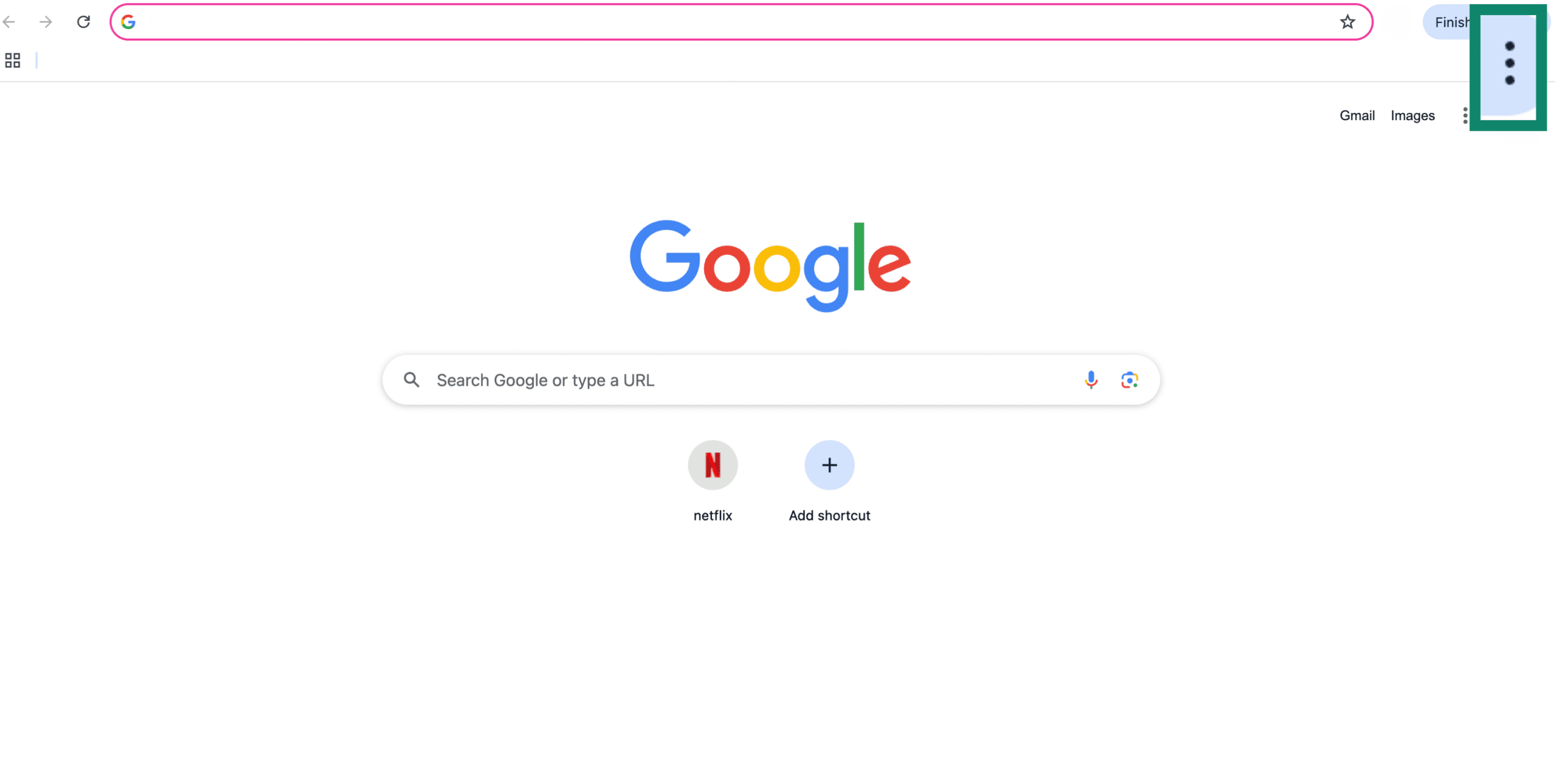 Google Chrome homepage with menu button