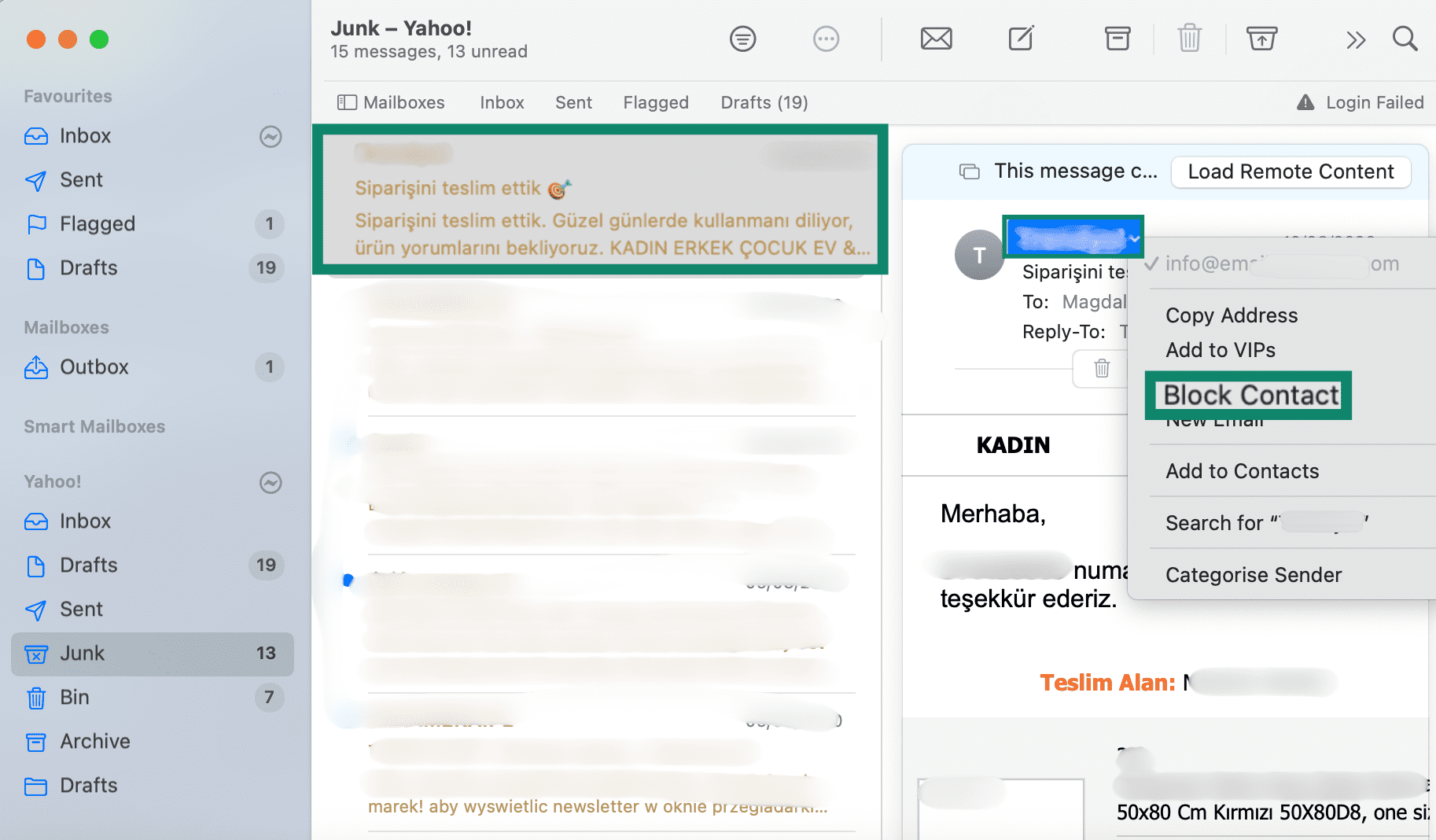 Blocking contacts in the Apple Mail.