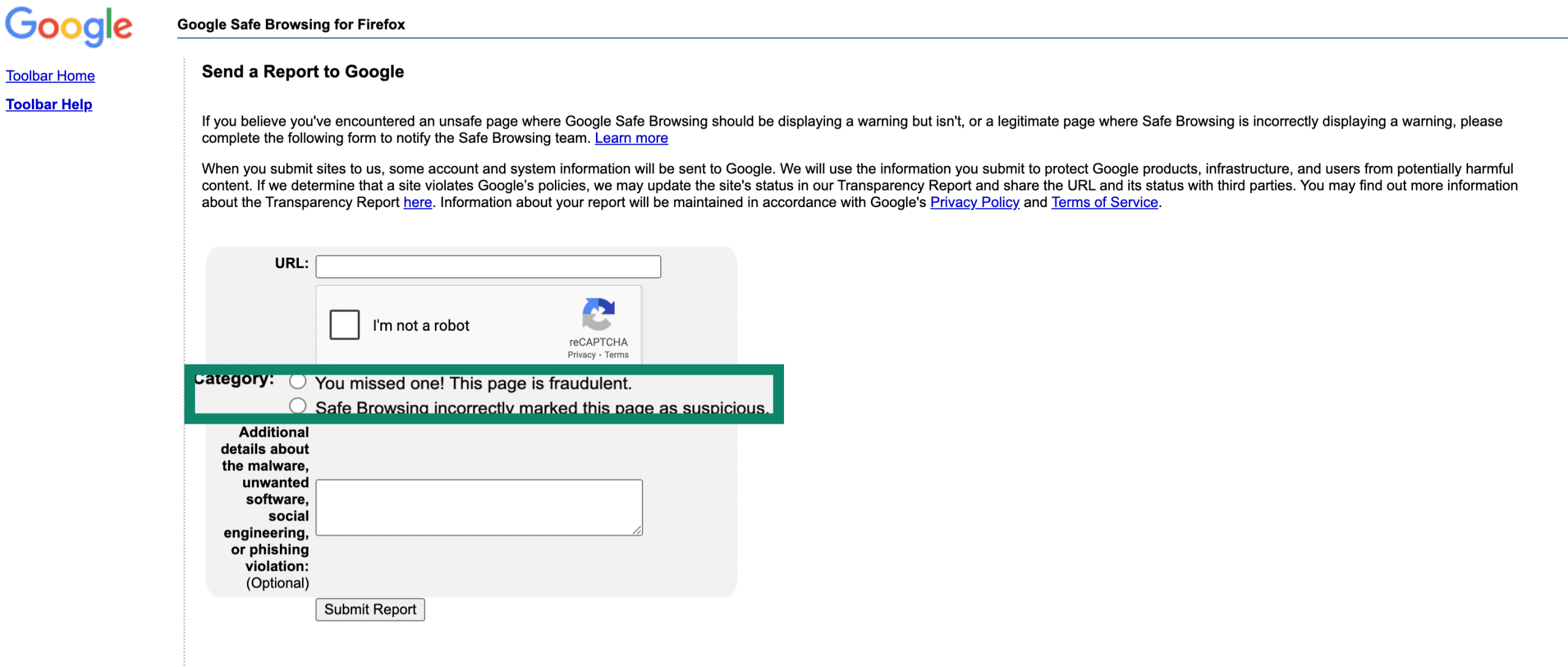 Google Safe Browsing page with category field highlighted.