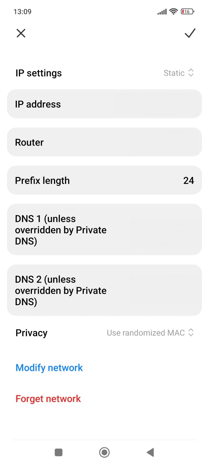 The IP Settings page on an Android phone, showing the options to change DNS 1 and DNS 2 servers.