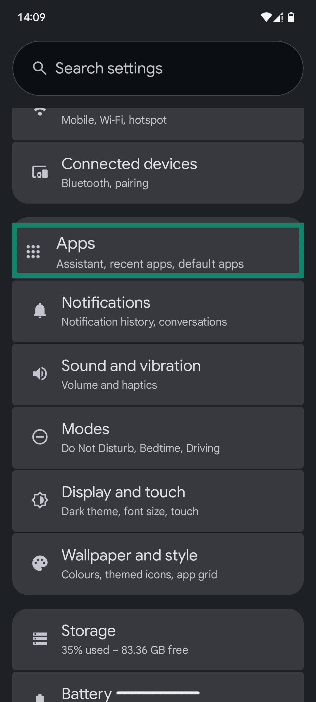 The Android Settings app, with the "Apps" menu option highlighted.