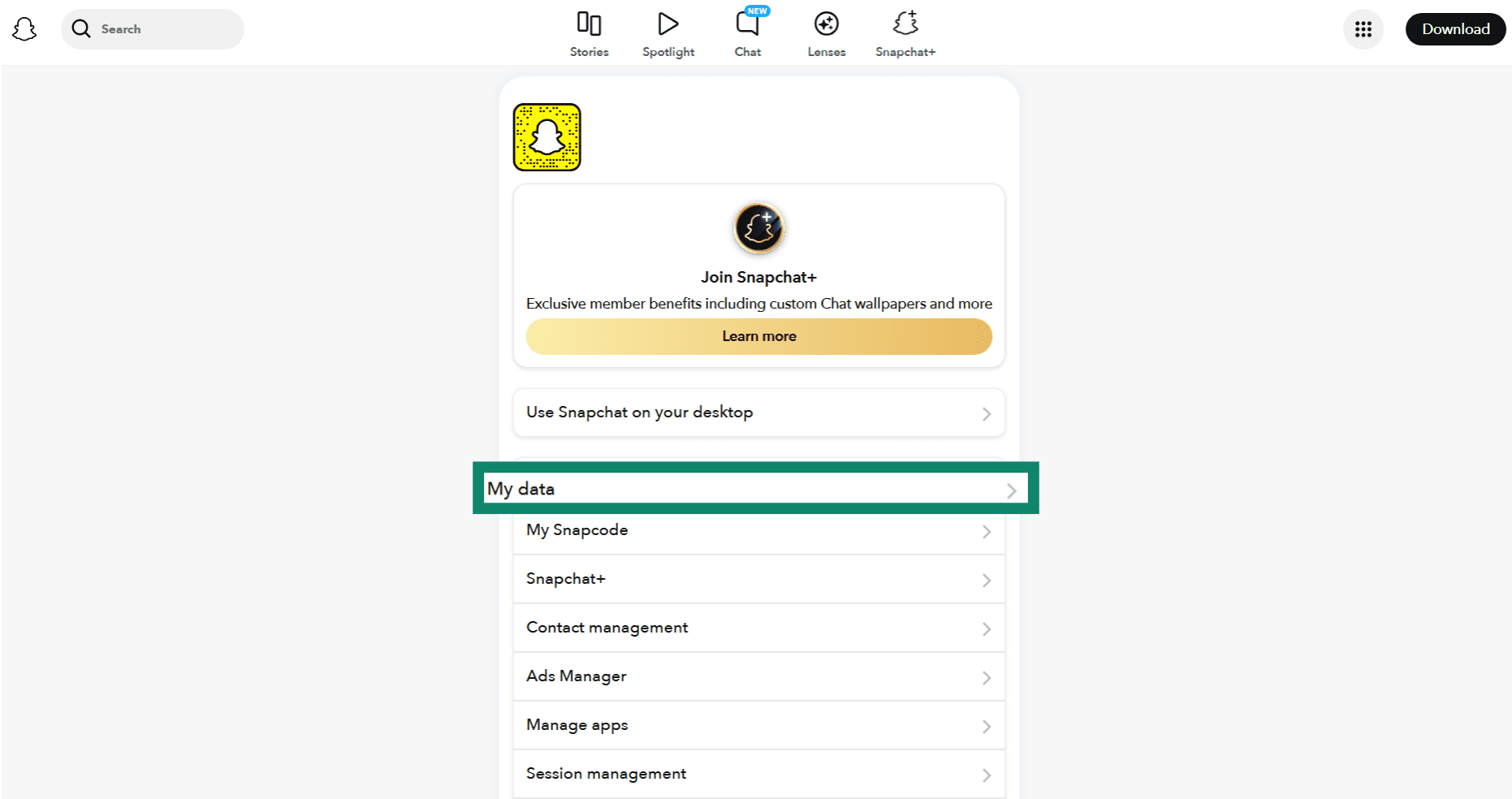 The Snapchat Settings page, showing the My data option.