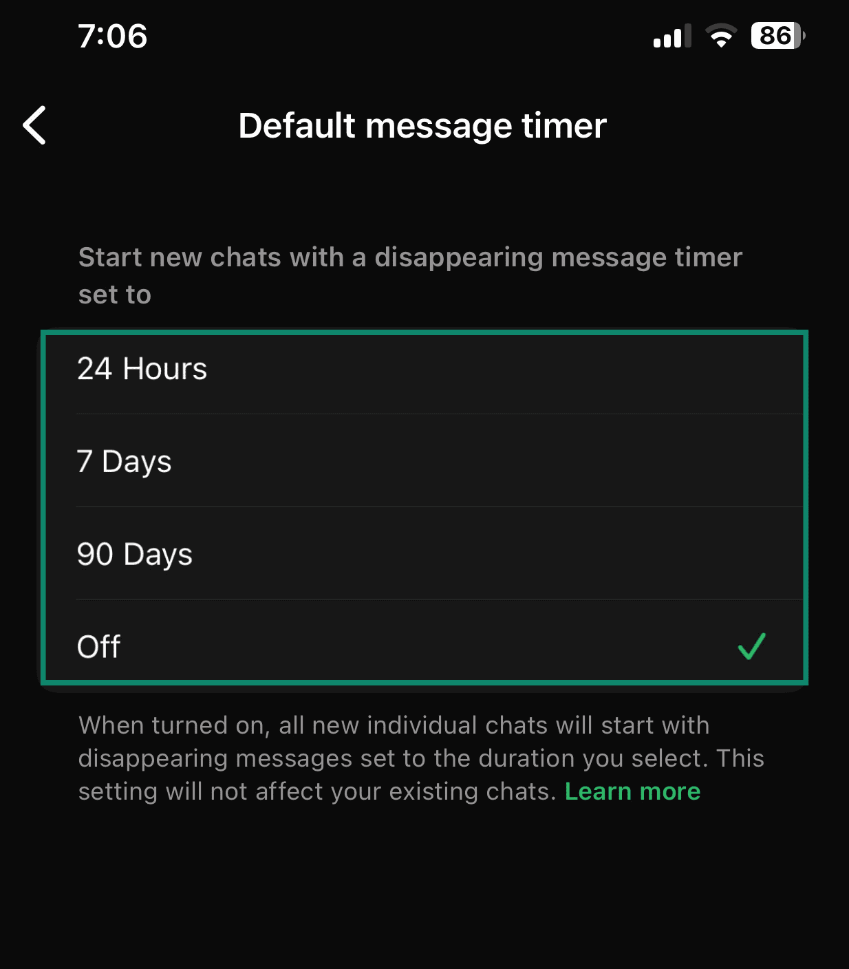 WhatsApp default message timer settings screen with different message expiry periods highlighted.