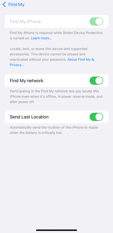 Find My iPhone, Find My network, and Send Last Location toggles all enabled on iPhone.