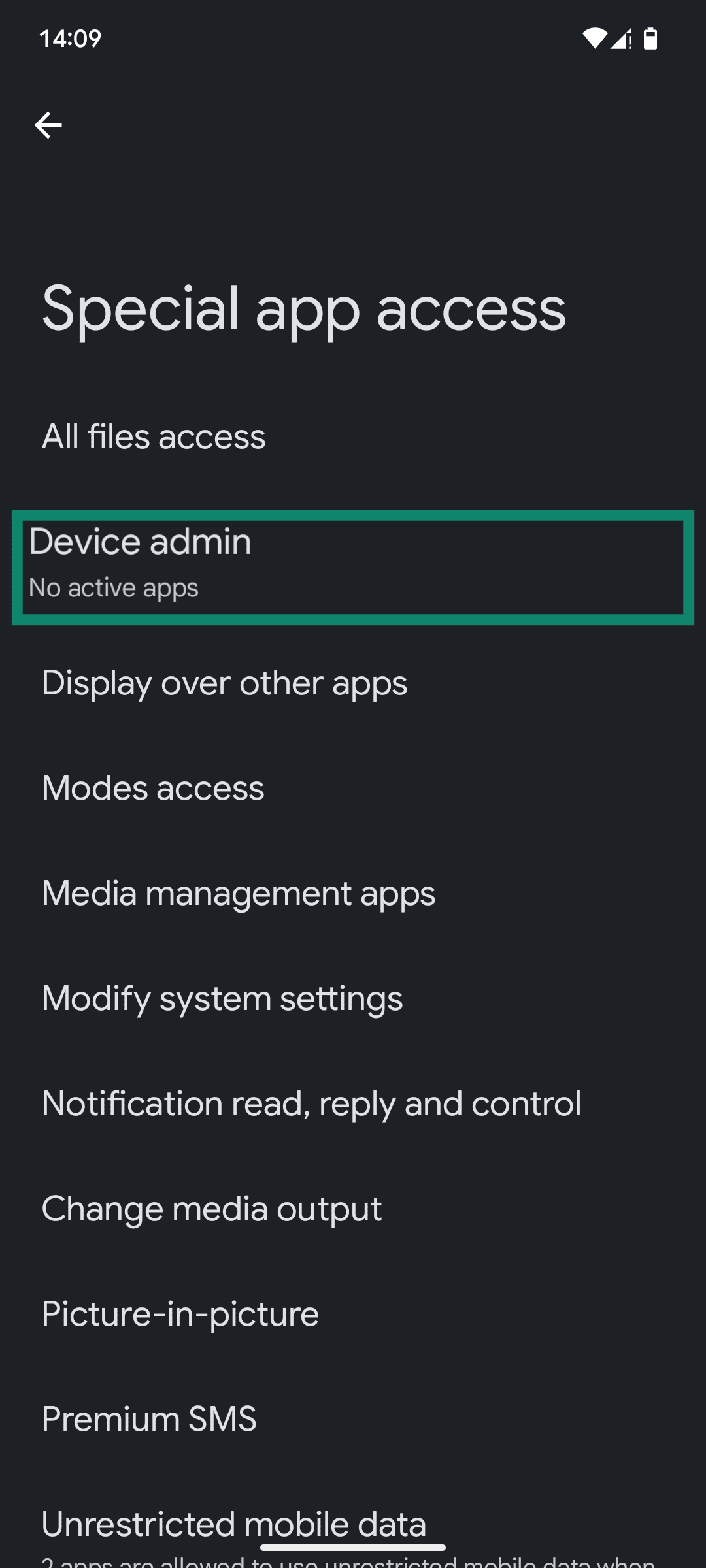 The Special app access menu of the Android app settings, with the "Device admin" option highlighted.