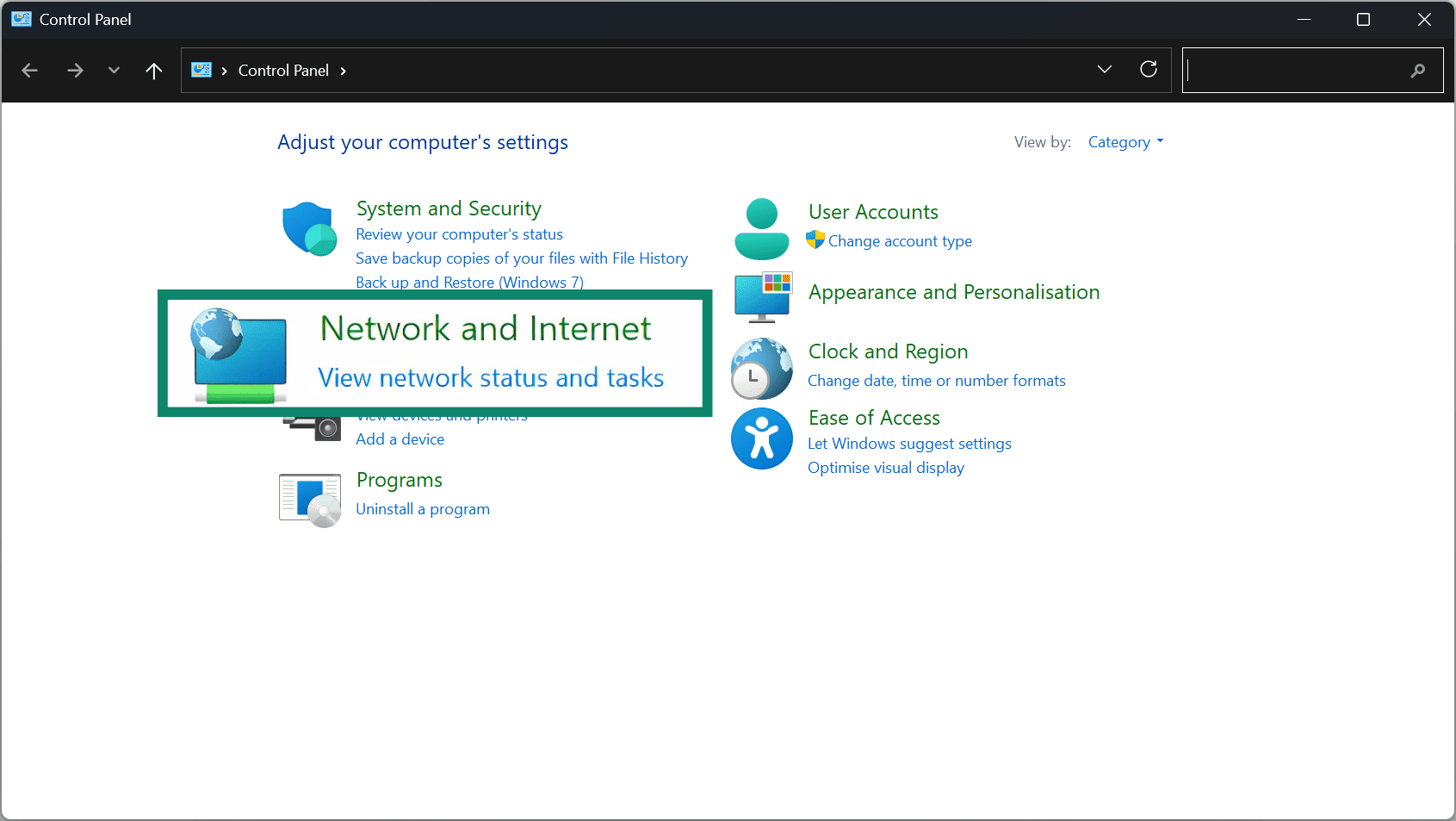 In the Control Panel menu, select the Network and Internet option.