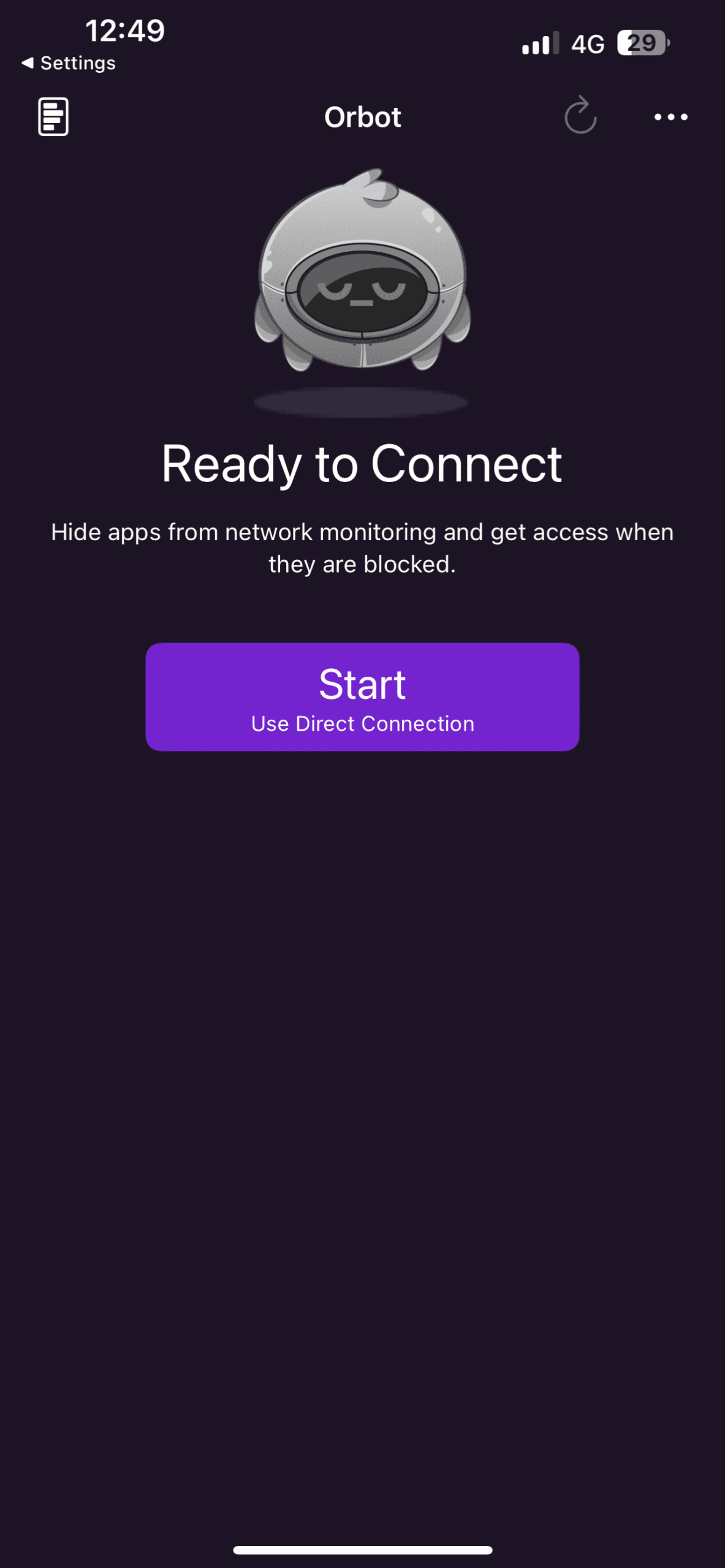The Orbot app page, showing the Start button to set up a direct connection.