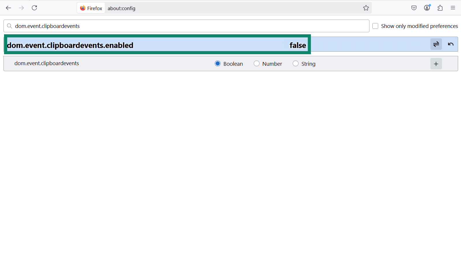 The Firefox about:config menu with dom.event.clipboardevents.enabled highlighted.