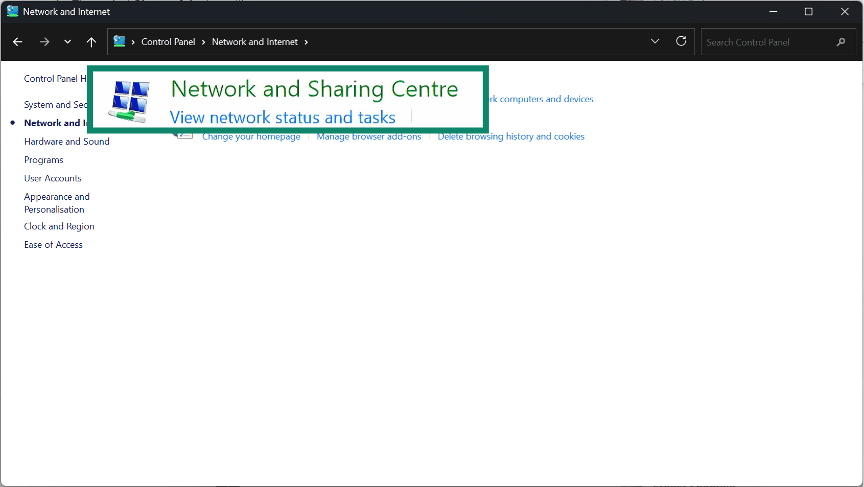 In the Network and Internet menu, click on the Network and Sharing Center option.