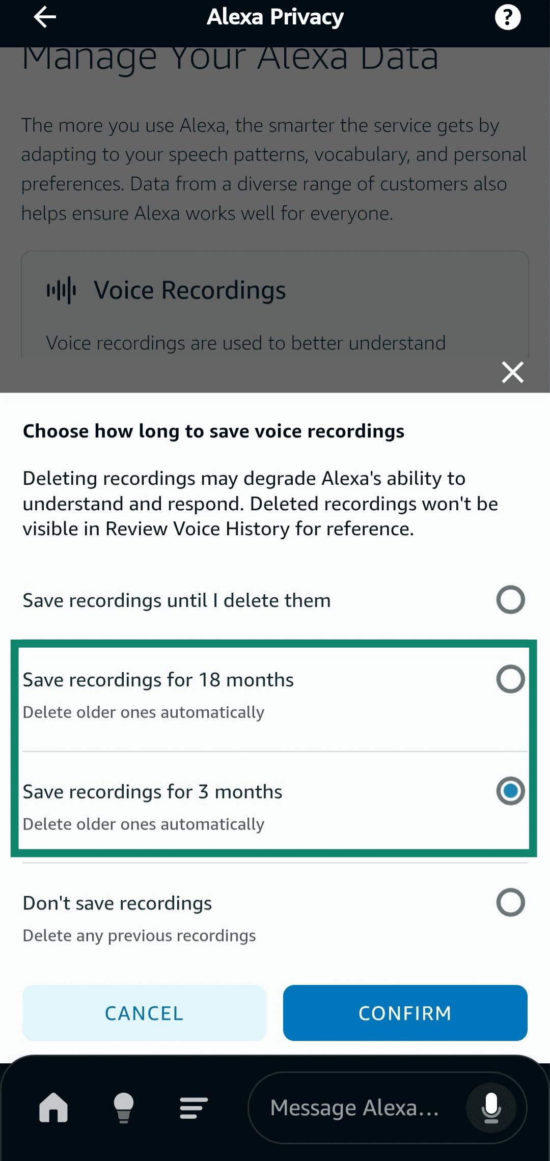 Customizing how long to save recordings through the Amazon Alexa app.