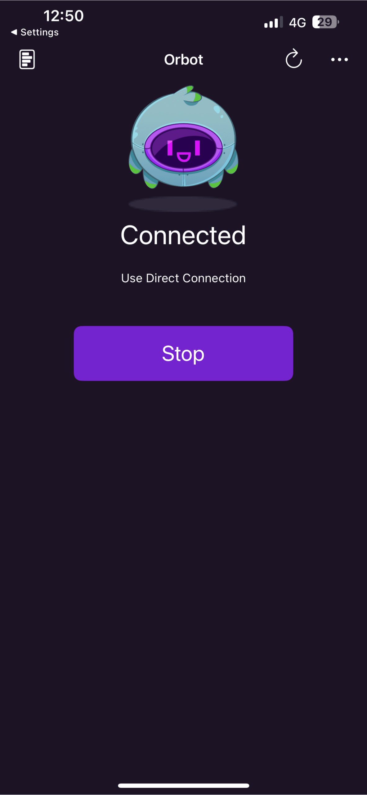 The Orbot app, showing that a connection has been established.