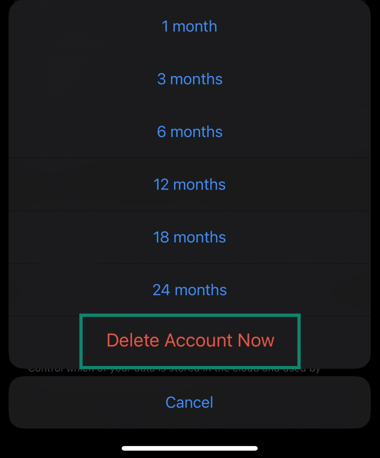 The Telegram "Delete Account Now" button on iPhone.