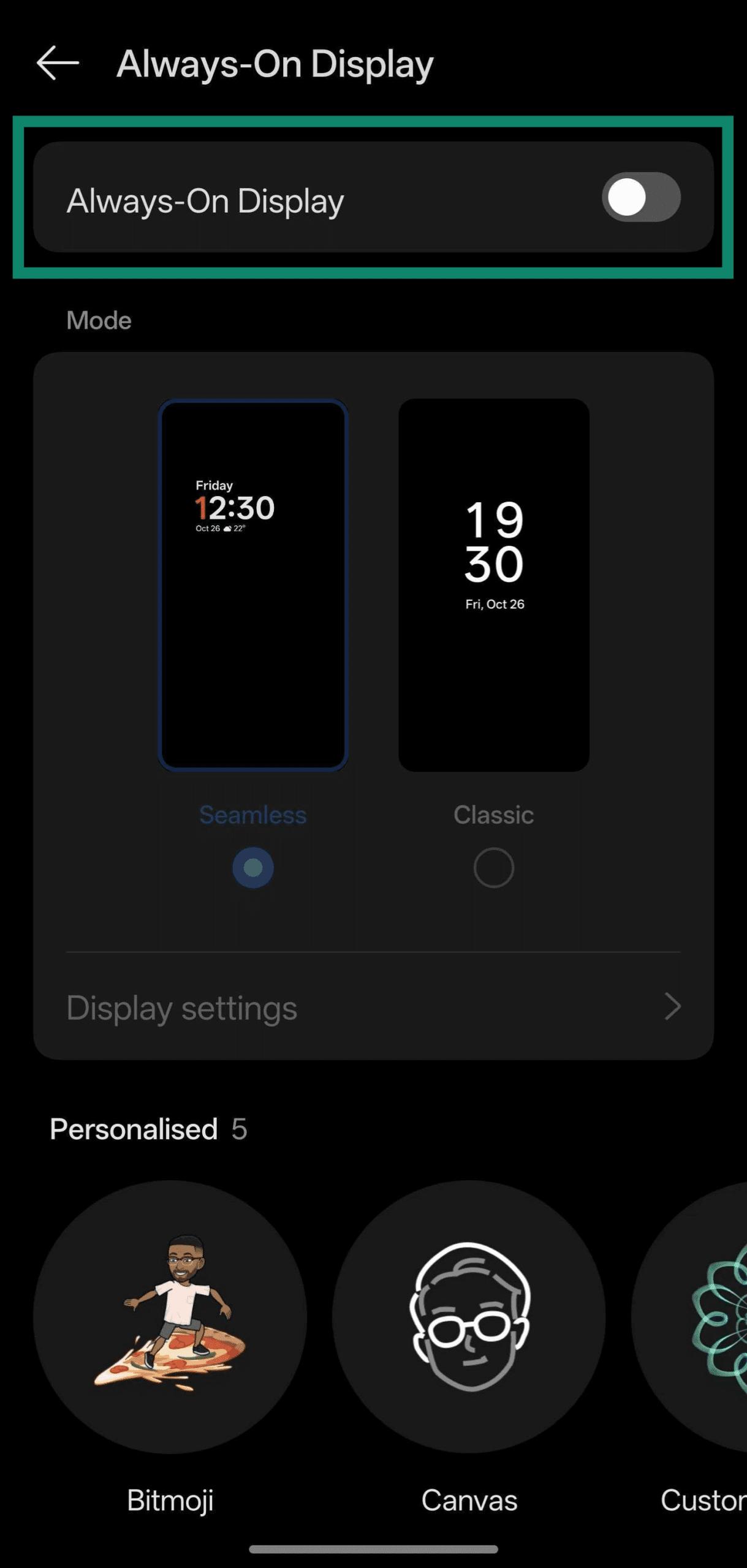Screenshot showing how to enable the Always-On Display on a OnePlus device