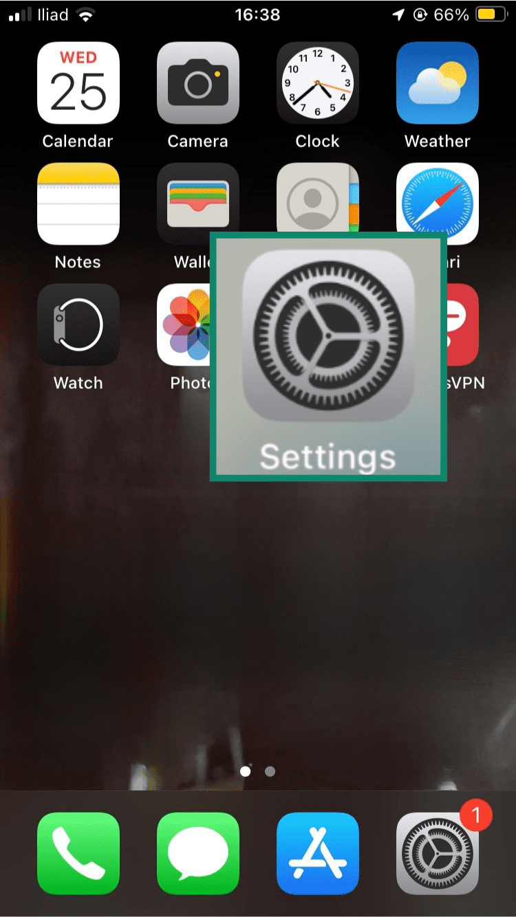 Settings app on an iPhone home screen.