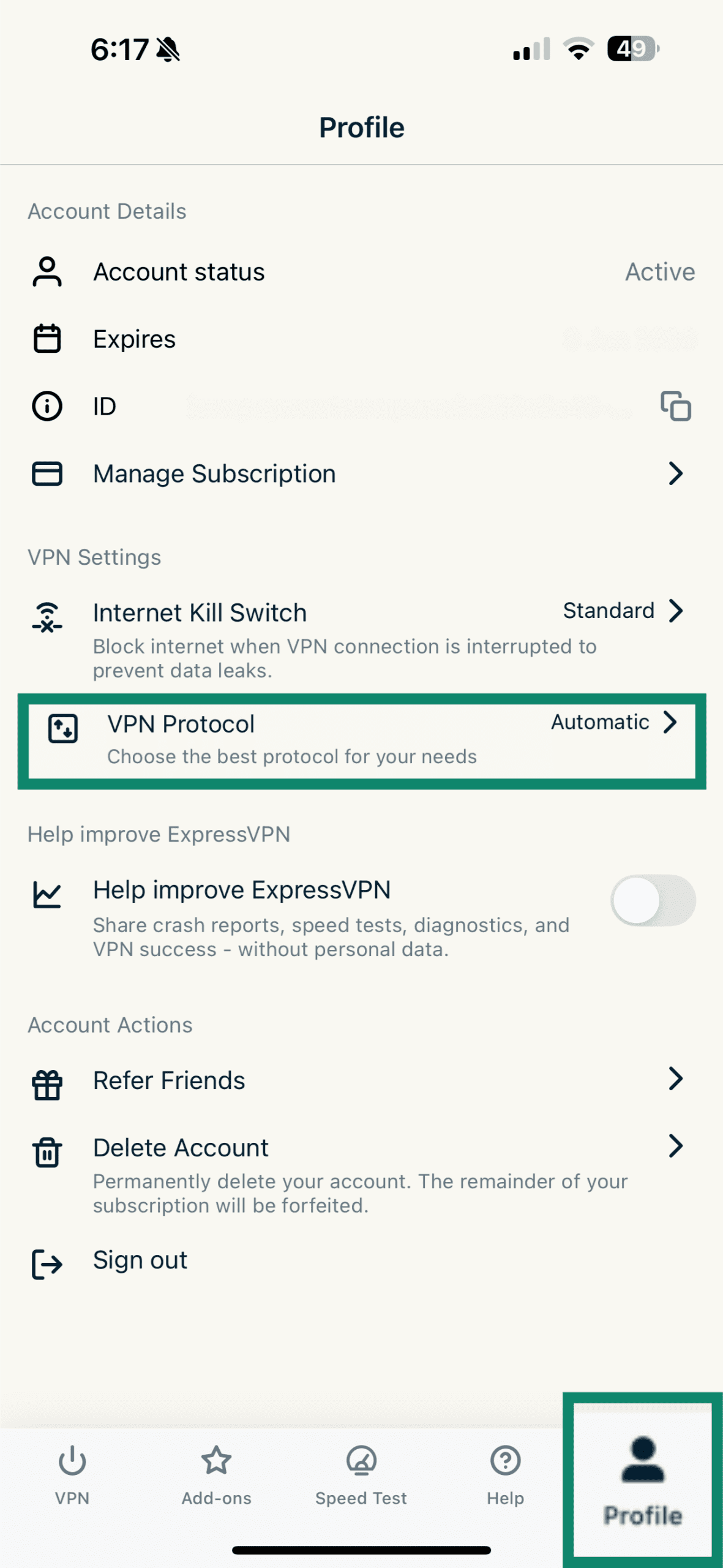Screenshot of the ExpressVPN app with the “Profile” tab open and “VPN Protocol” option highlighted.