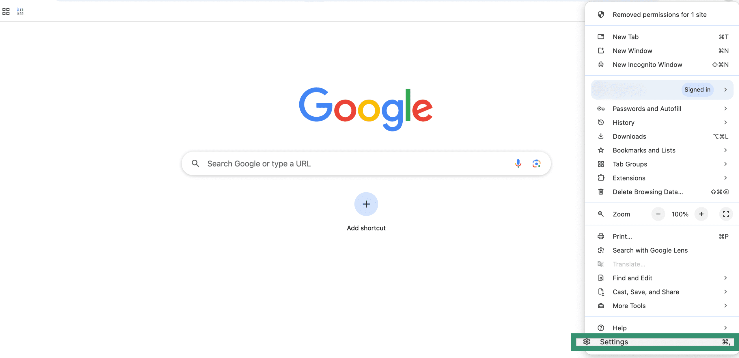 Settings menu on Chrome.