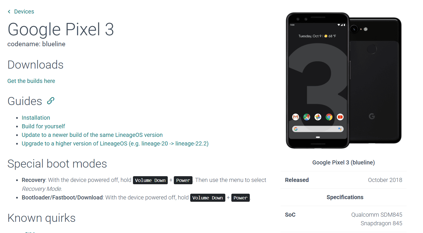 LineageOS Pixel 3 downloads and guides page