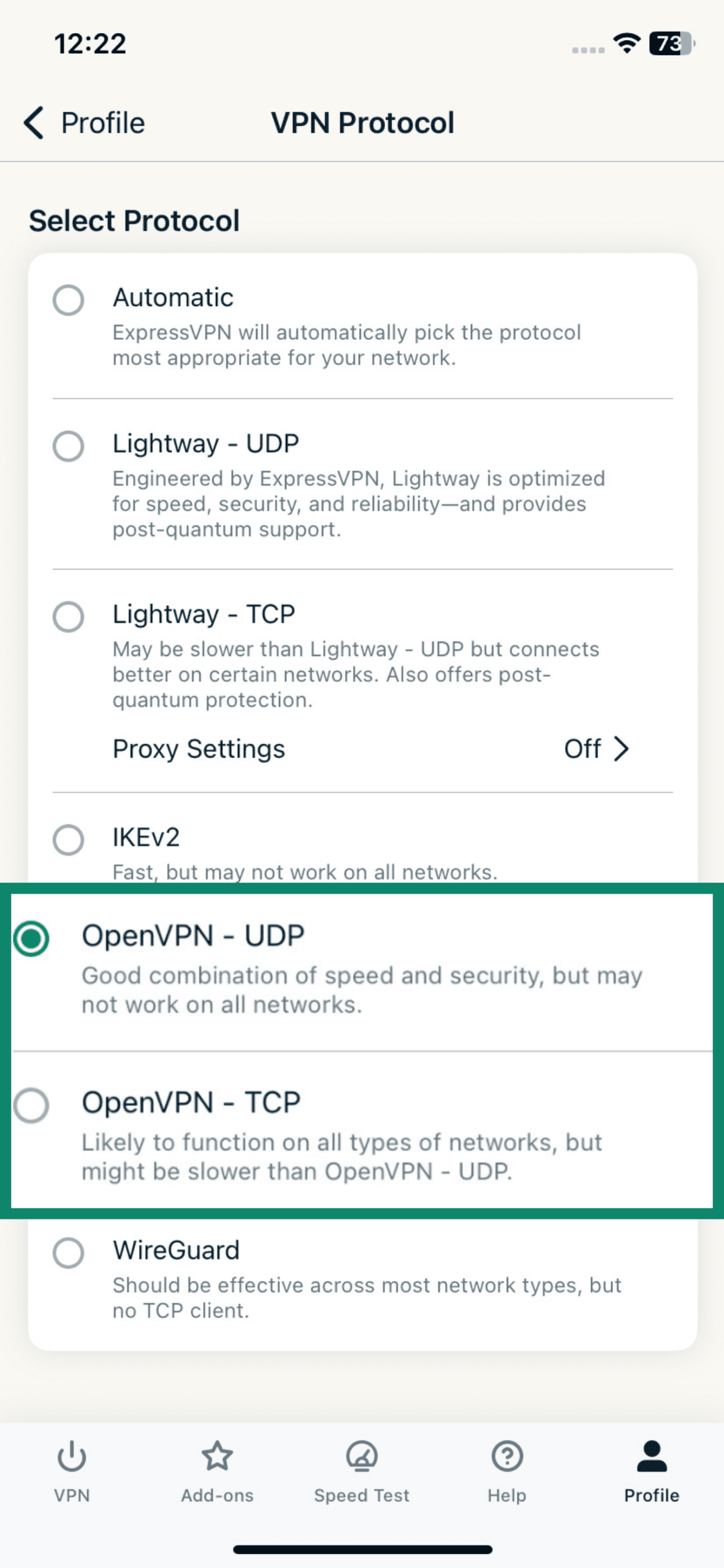 ExpressVPN app screen with Open VPN - UDP and OpenVPN - TCP options highlighted