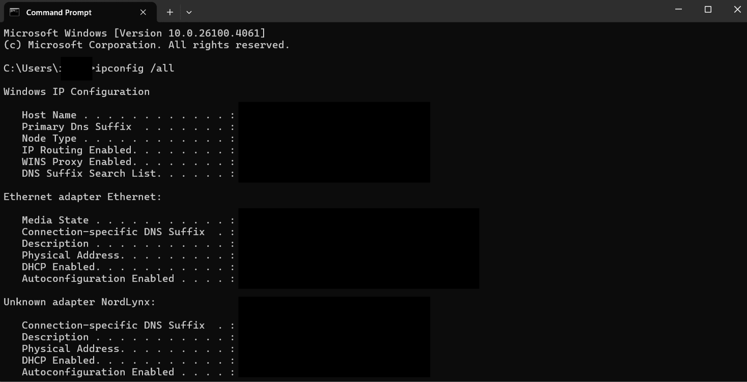 The Command Prompt showing the results of the ipconfig command.