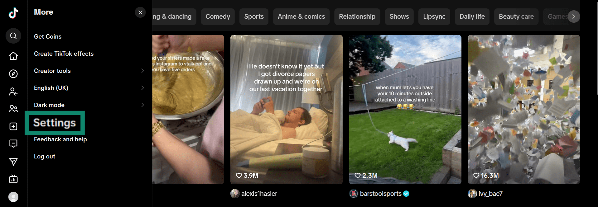 Screenshot showing how to access the settings menu in TikTok's desktop website