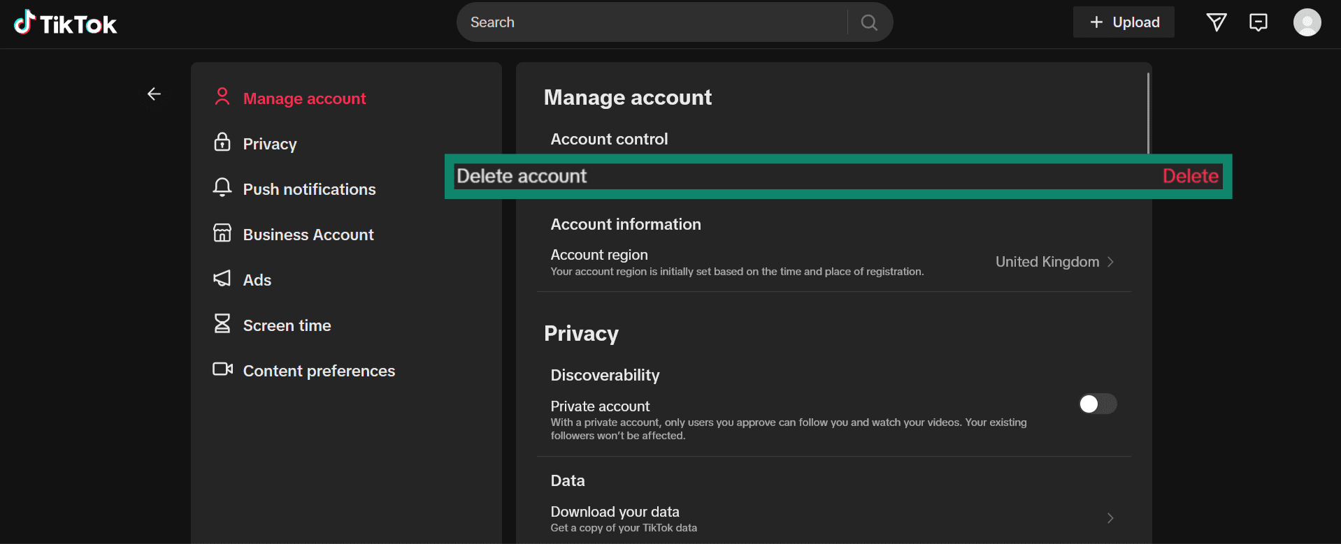 Screenshot showing how to begin the account deletion process on TikTok's desktop website