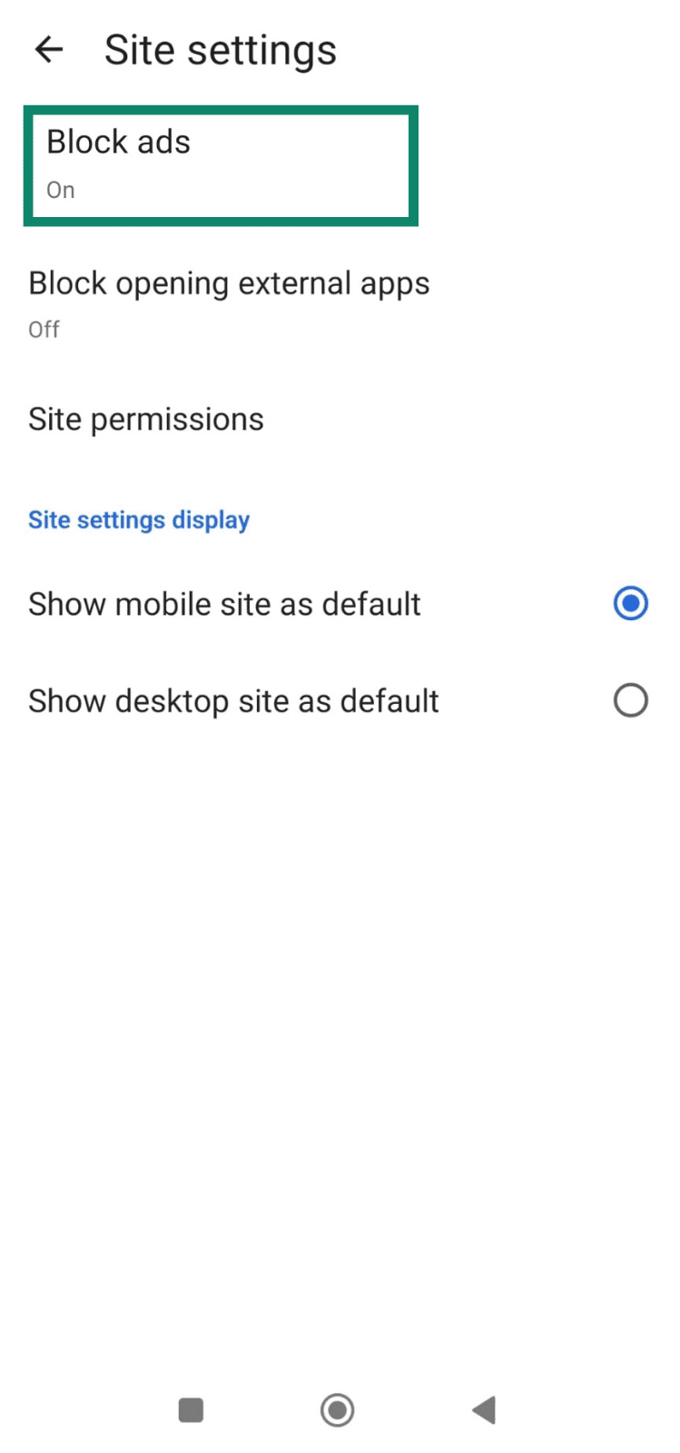 Edge site settings screen with the Block ads option toggled on.