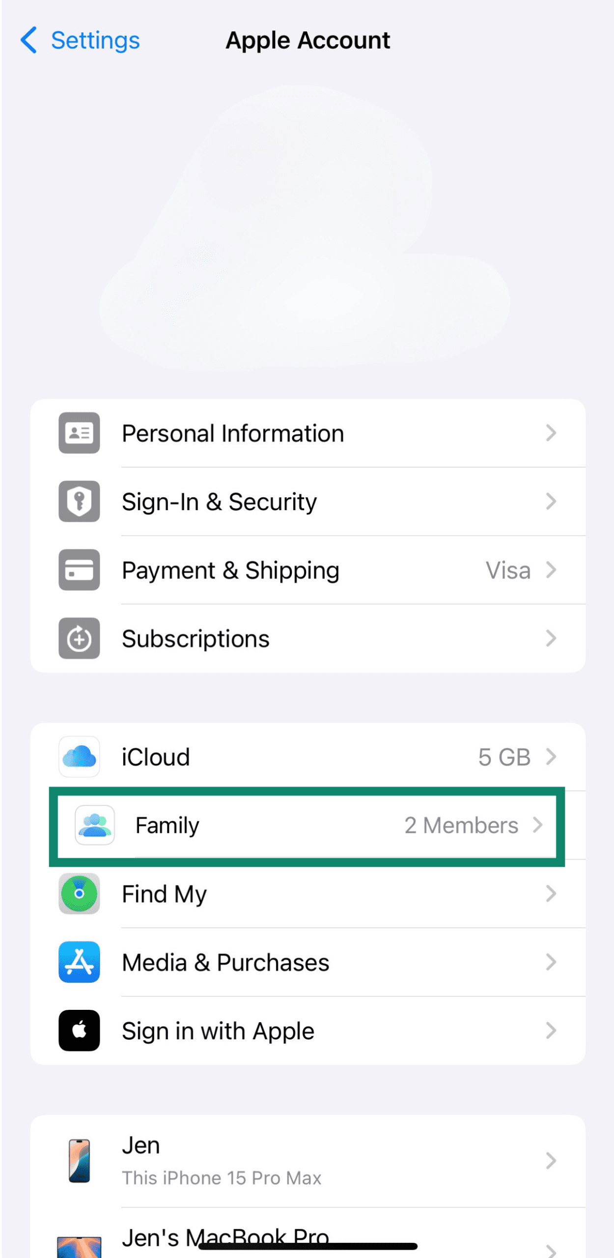 Family menu option shown under Apple ID in iPhone Settings