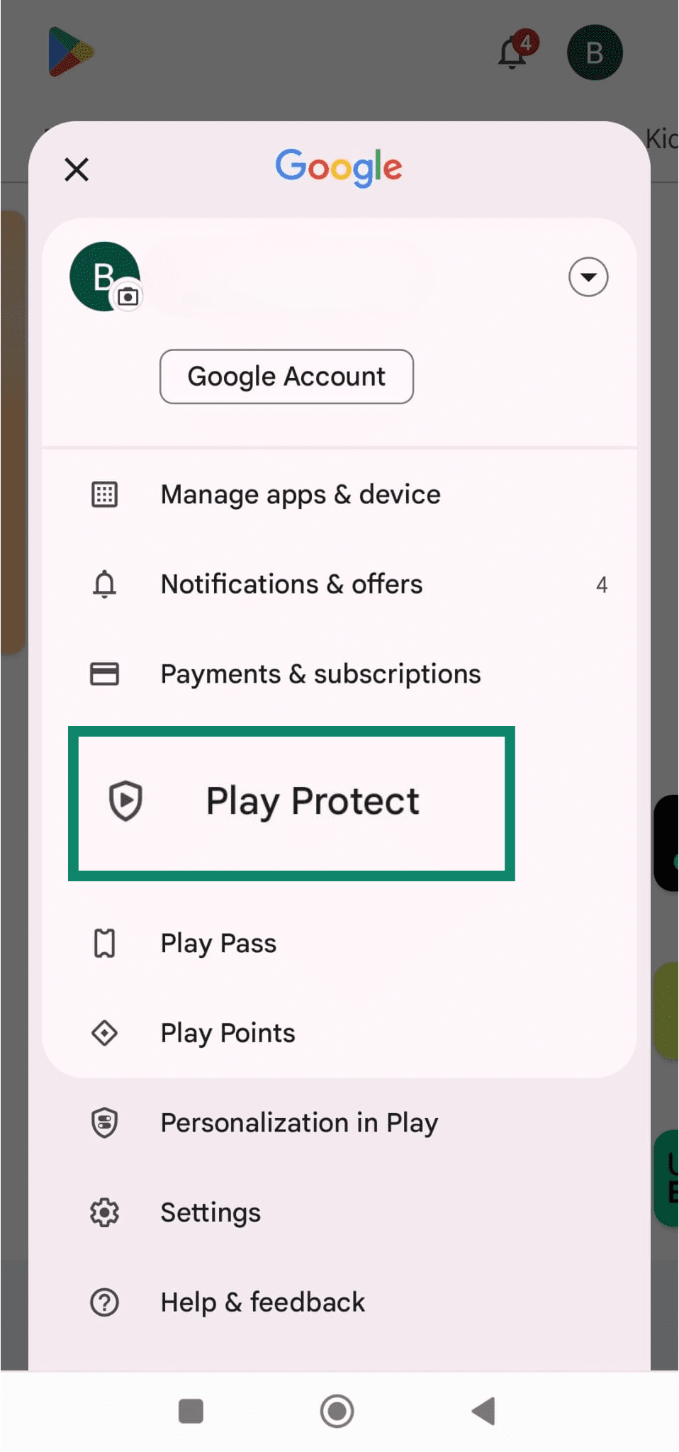 Google Play Store menu highlighting Play Protect option