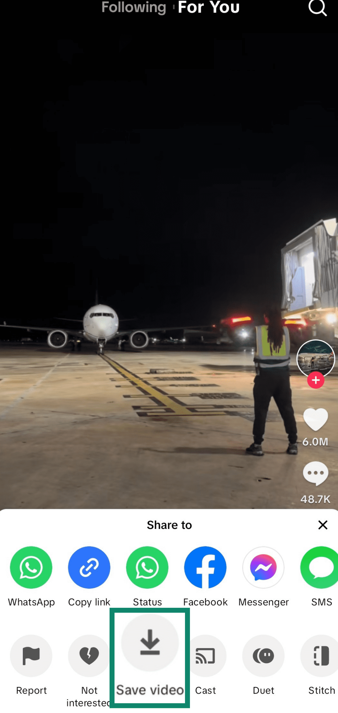 Screenshot showing how to save a TikTok video through the Share menu