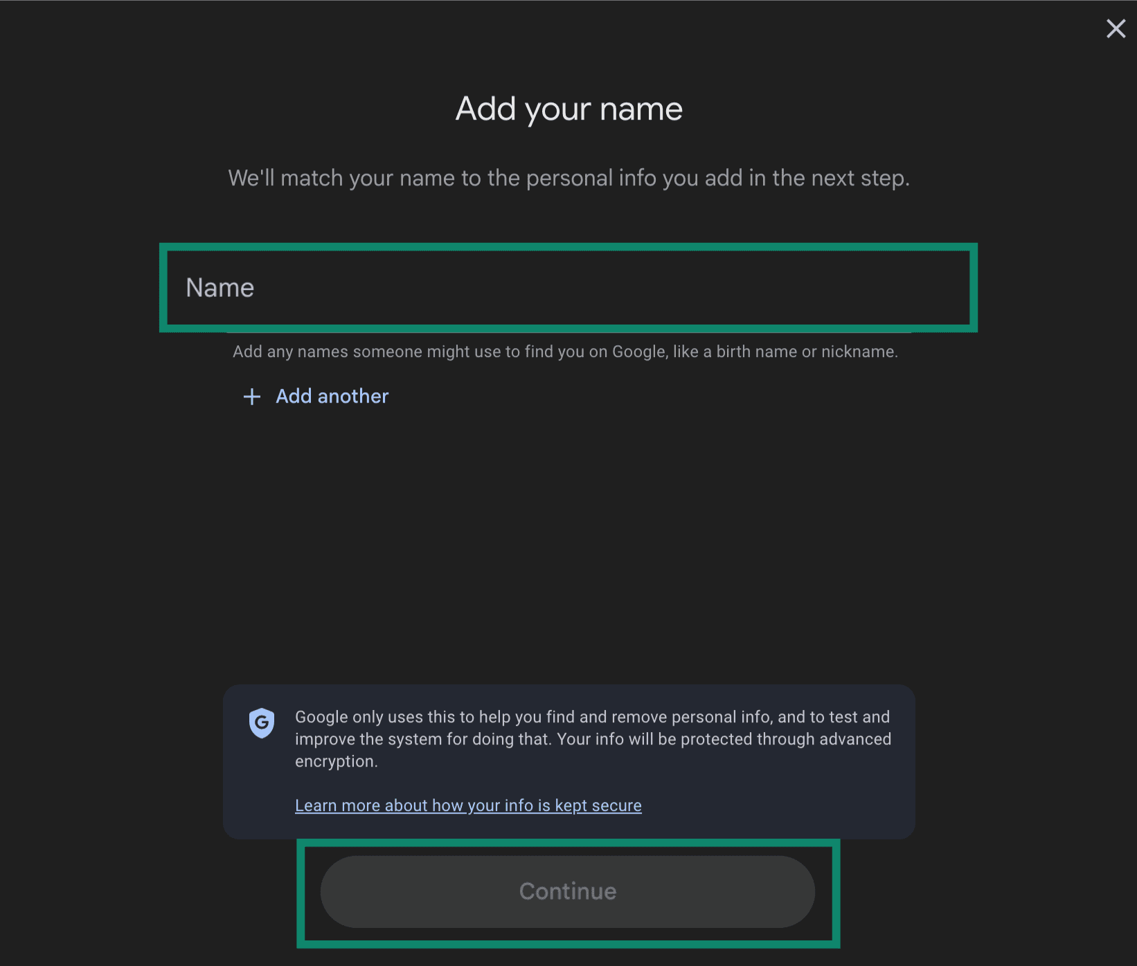Google's removal tool page where users can add their name(s), and the Continue button highlighted.
