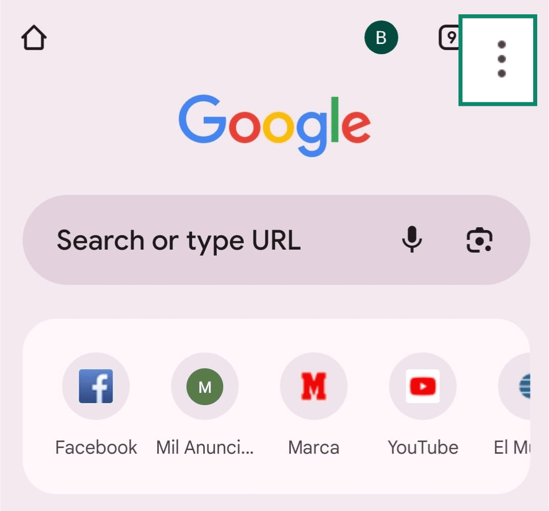 Google Chrome mobile browser homepage on Android with the three-dot menu icon in the top-right corner highlighted for accessing settings.