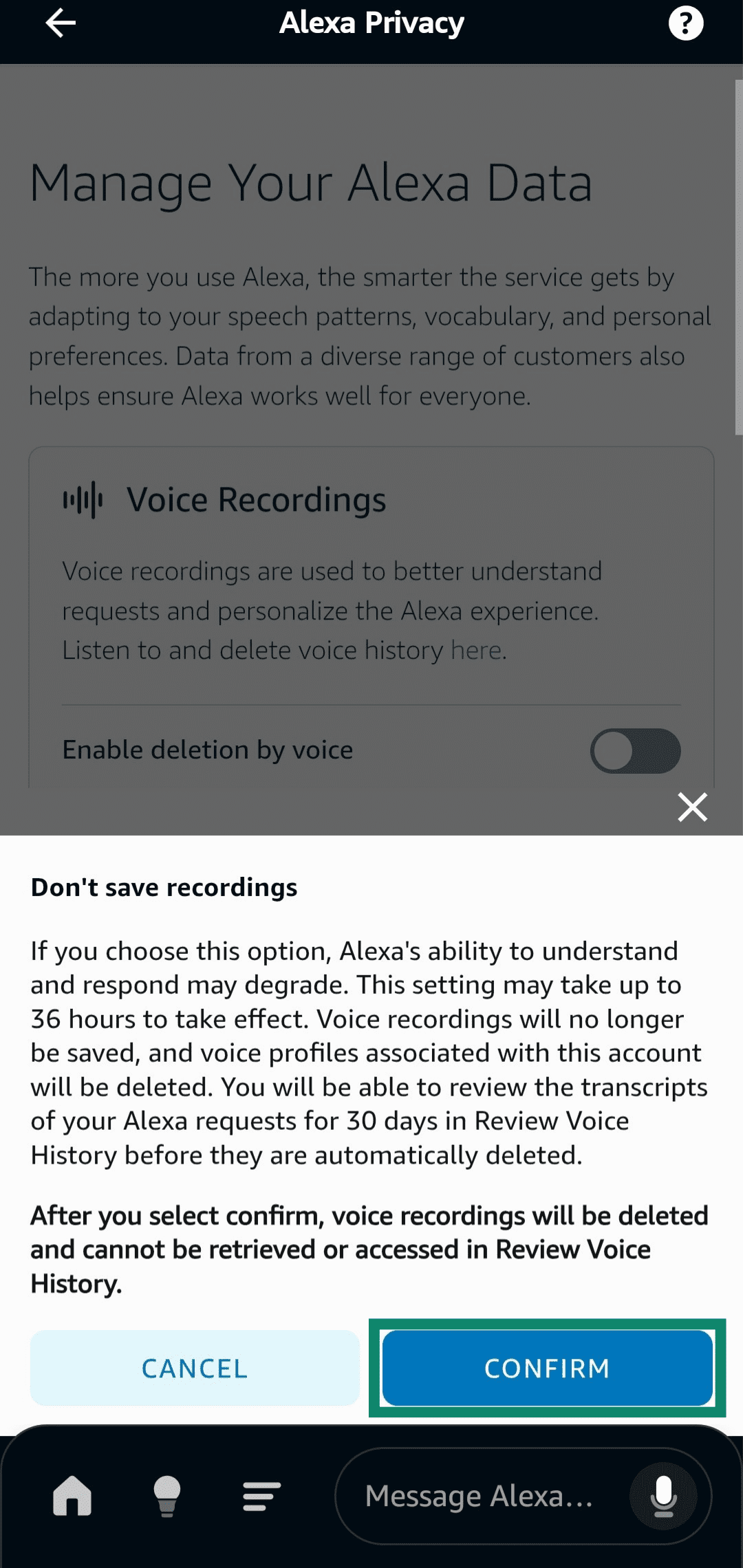 Confirming settings changes when setting Alexa to not save any recordings.