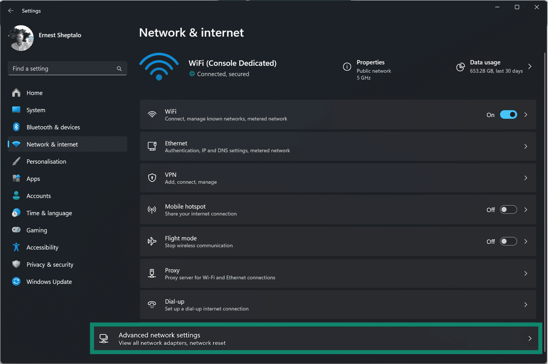 In the Network and internet settings, access Advanced network settings.