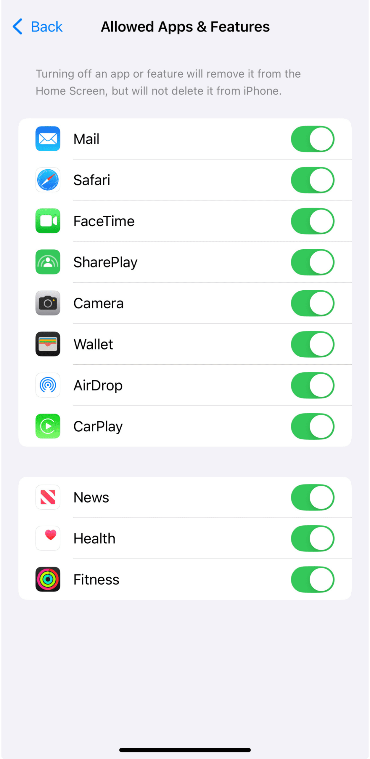 toggle settings for allowed apps and features on iPhone
