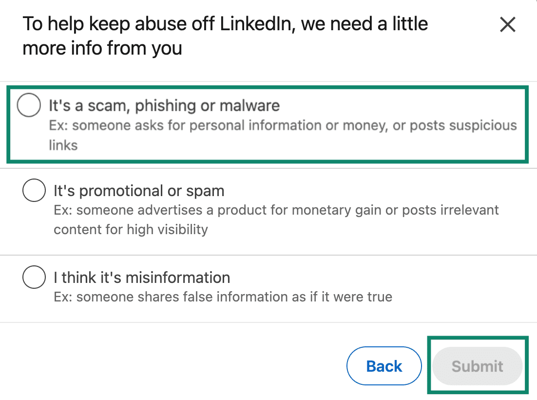 Screenshot of the LinkedIn reporting page with 'It’s a scam, phishing, or malware' selected and the 'Submit' button highlighted.