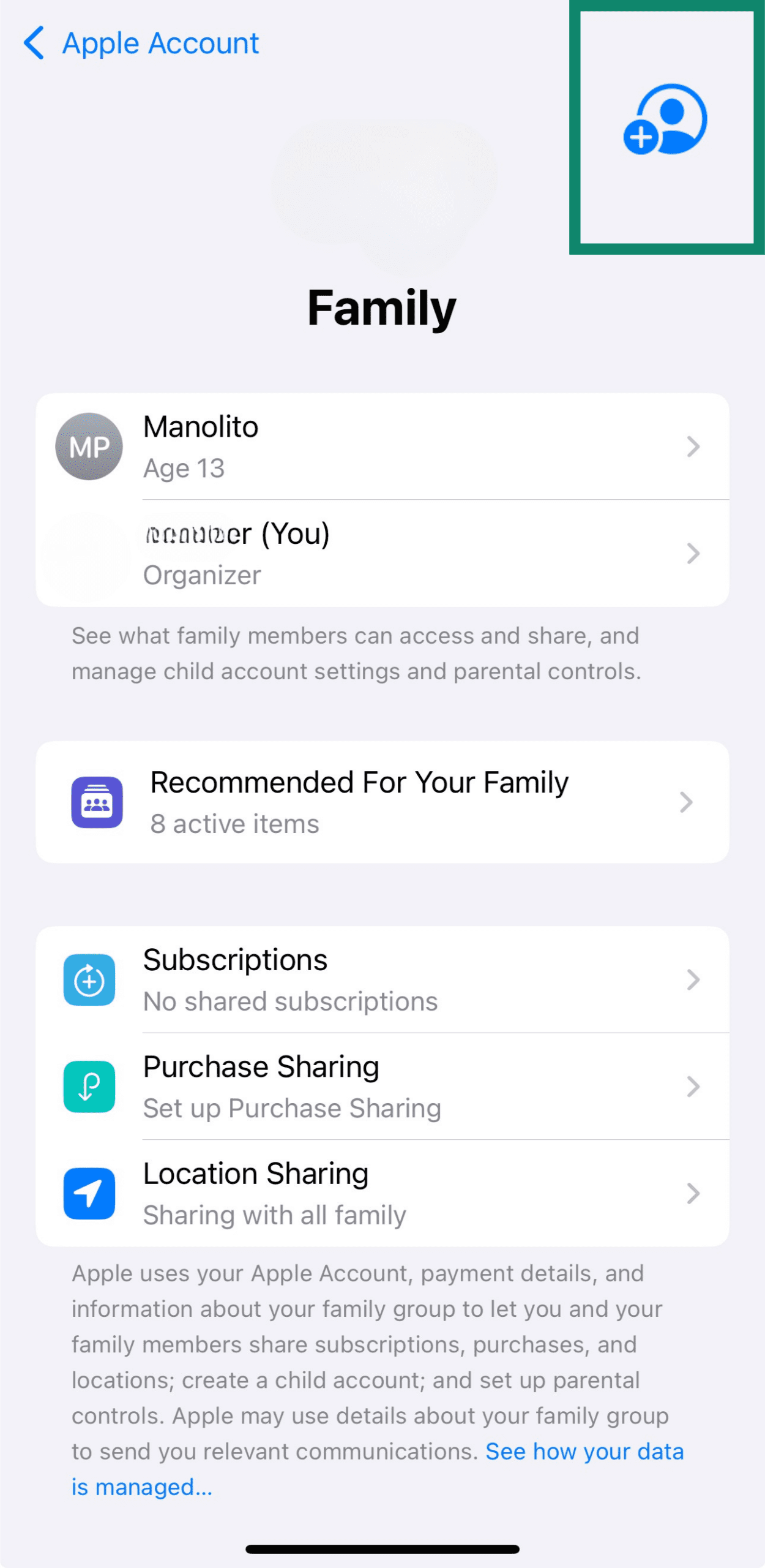 Add Member button in Family Sharing settings on iPhone