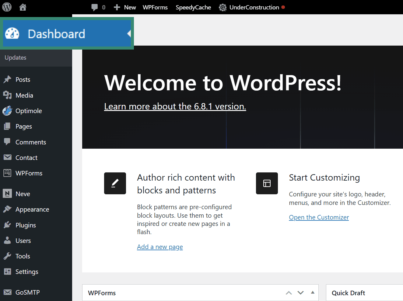 The main dashboard of a WordPress admin area with the dashboard button highlighted.