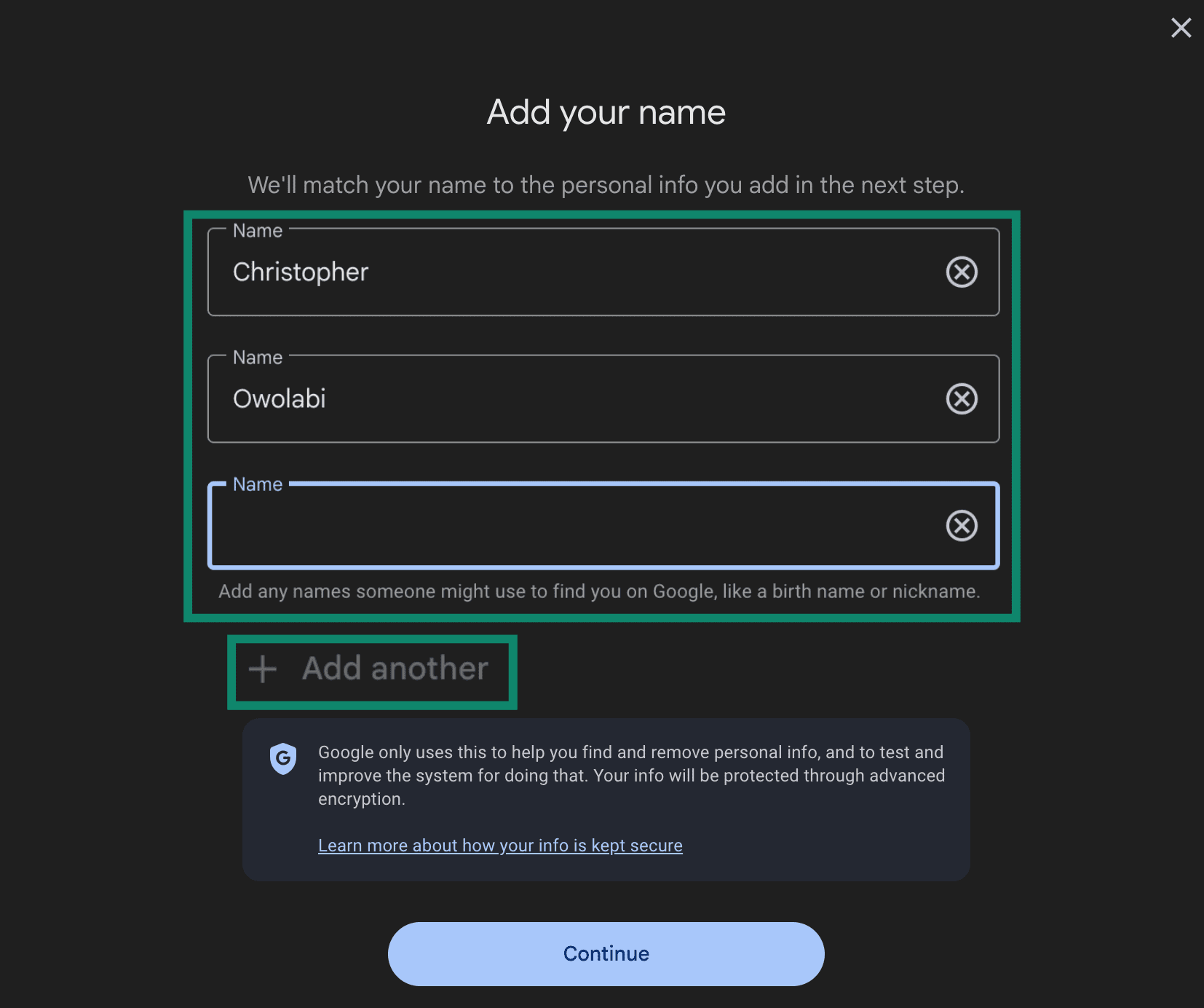 Google's data check and removal page with the option to add multiple names highlighted.