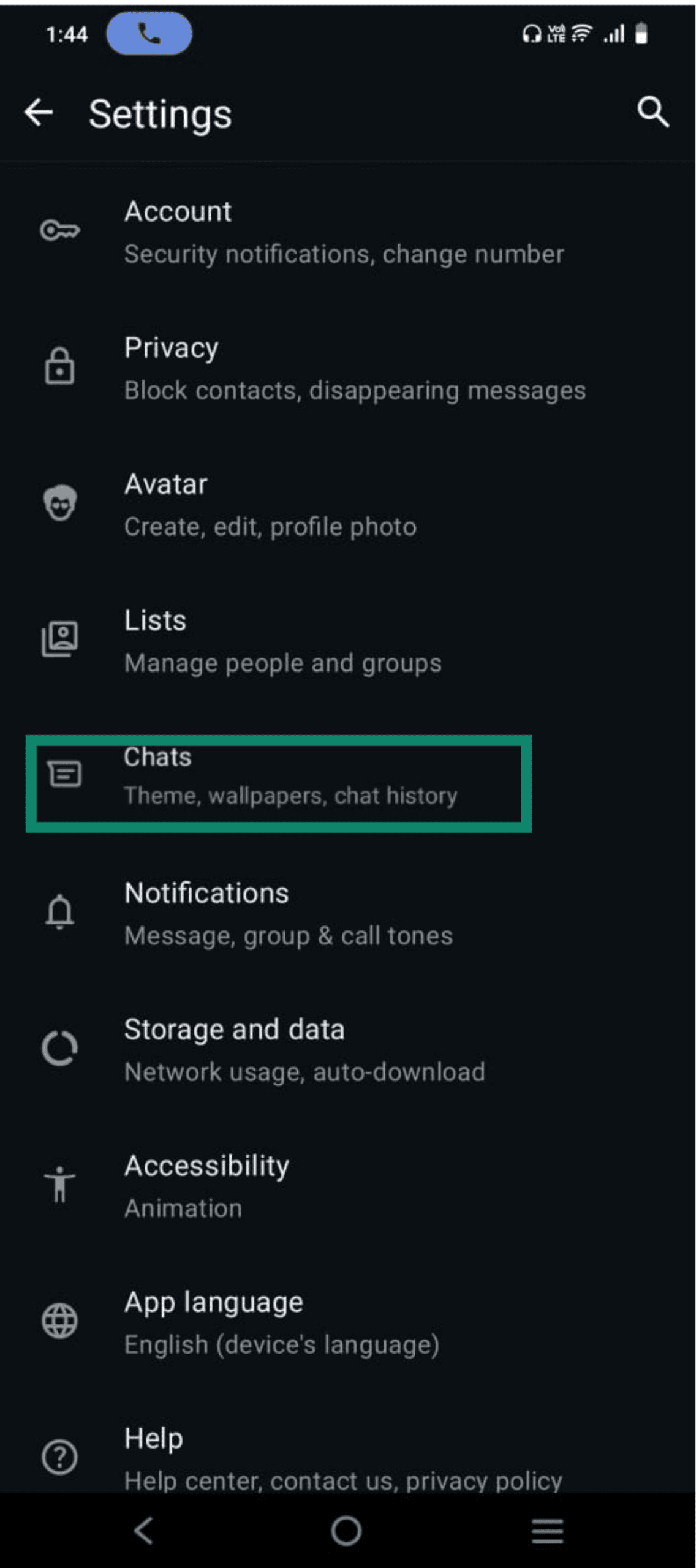 WhatsApp settings screen on Android showing different options