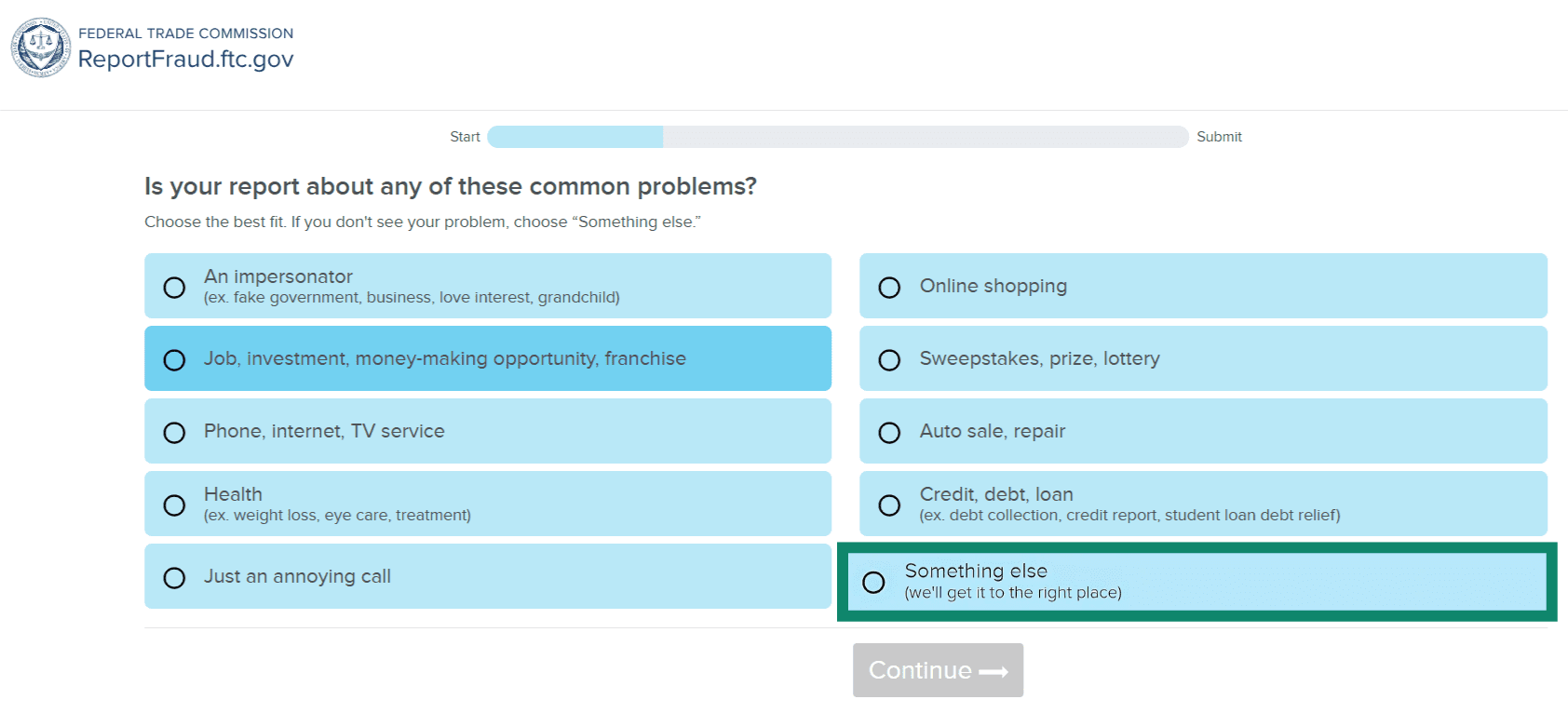 A visual guide detailing the required fields for reporting a website to FTC