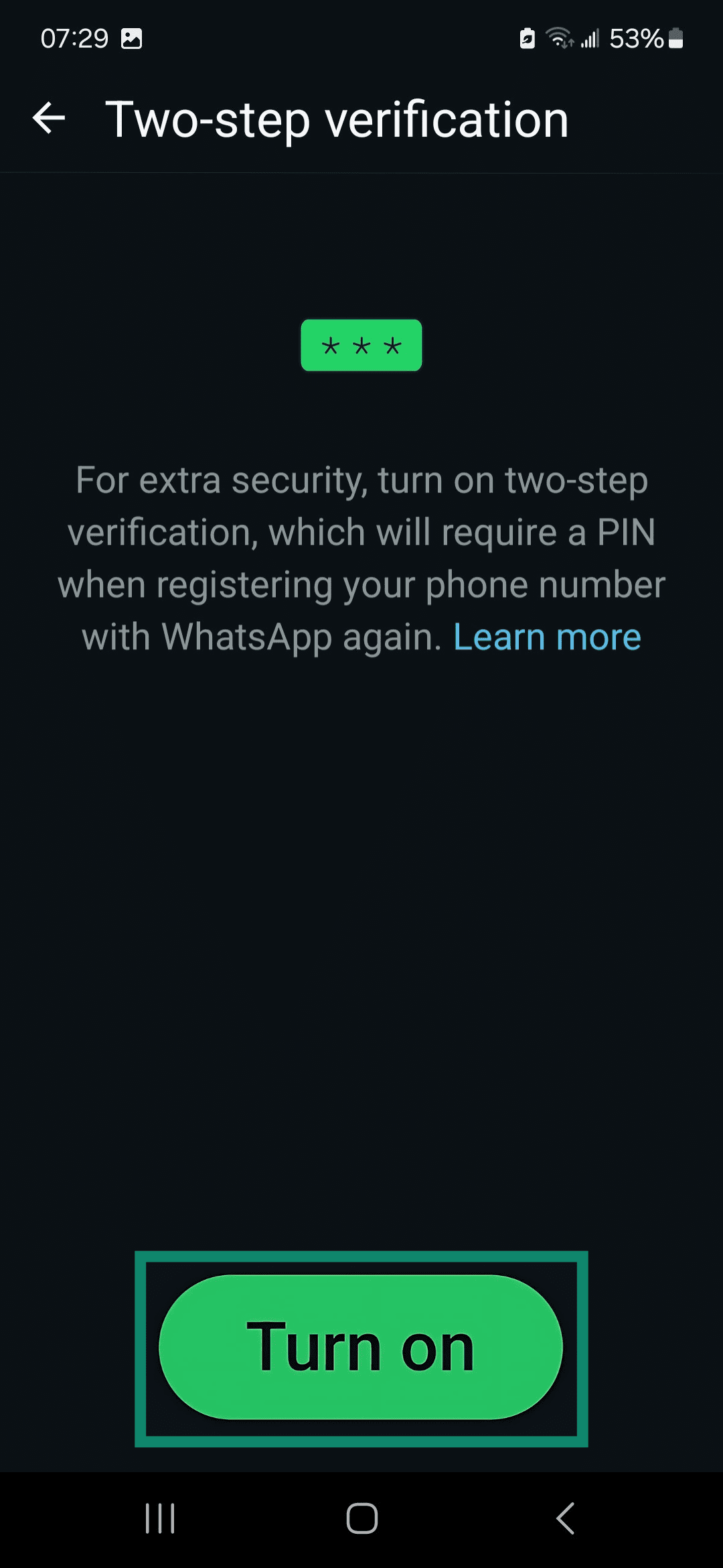 WhatsApp Two-step verification screen highlighting the Turn on button.