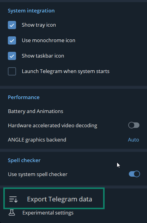 The Export Telegram data settings.