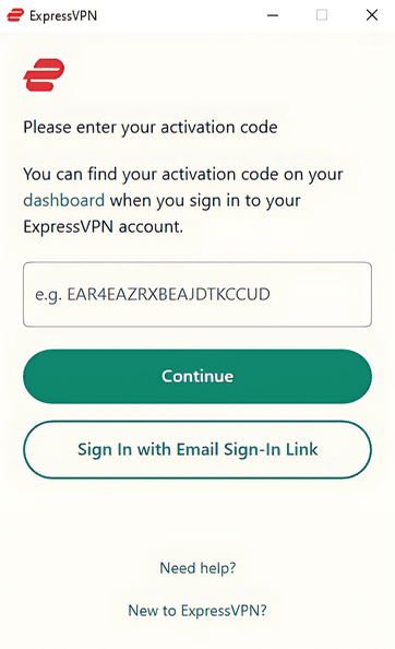ExpressVPN app with the options to activate a user