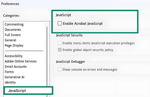 Image showing JavaScript option in Acrobat preferences.