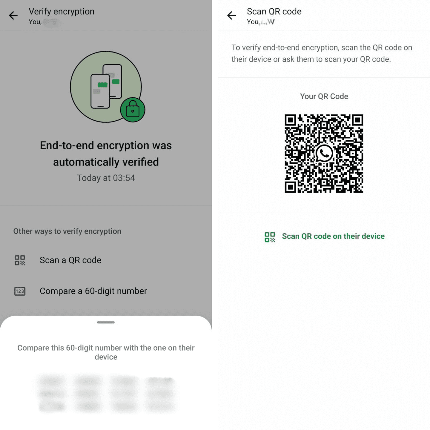 Two side-by-side screenshots showing the manual methods for verifying WhatsApp encryption. The left screen displays the 60-digit number for comparison. The right screen displays the user’s personal QR code for scanning.
