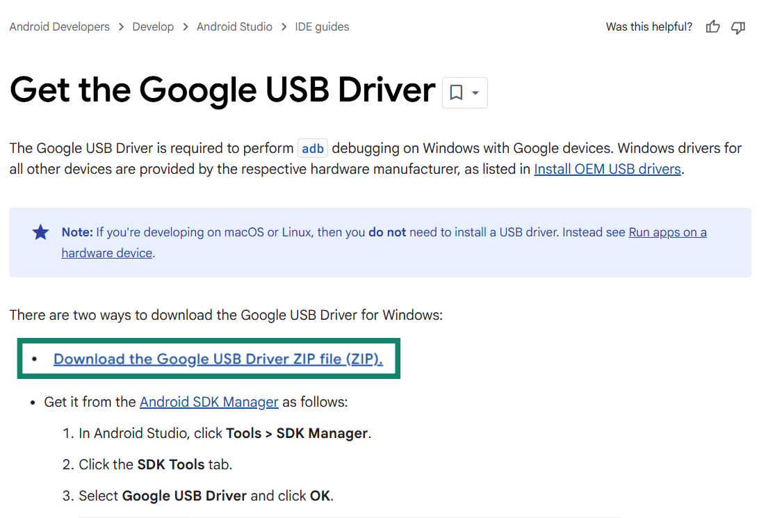 Official page to download Google USB driver for Windows.