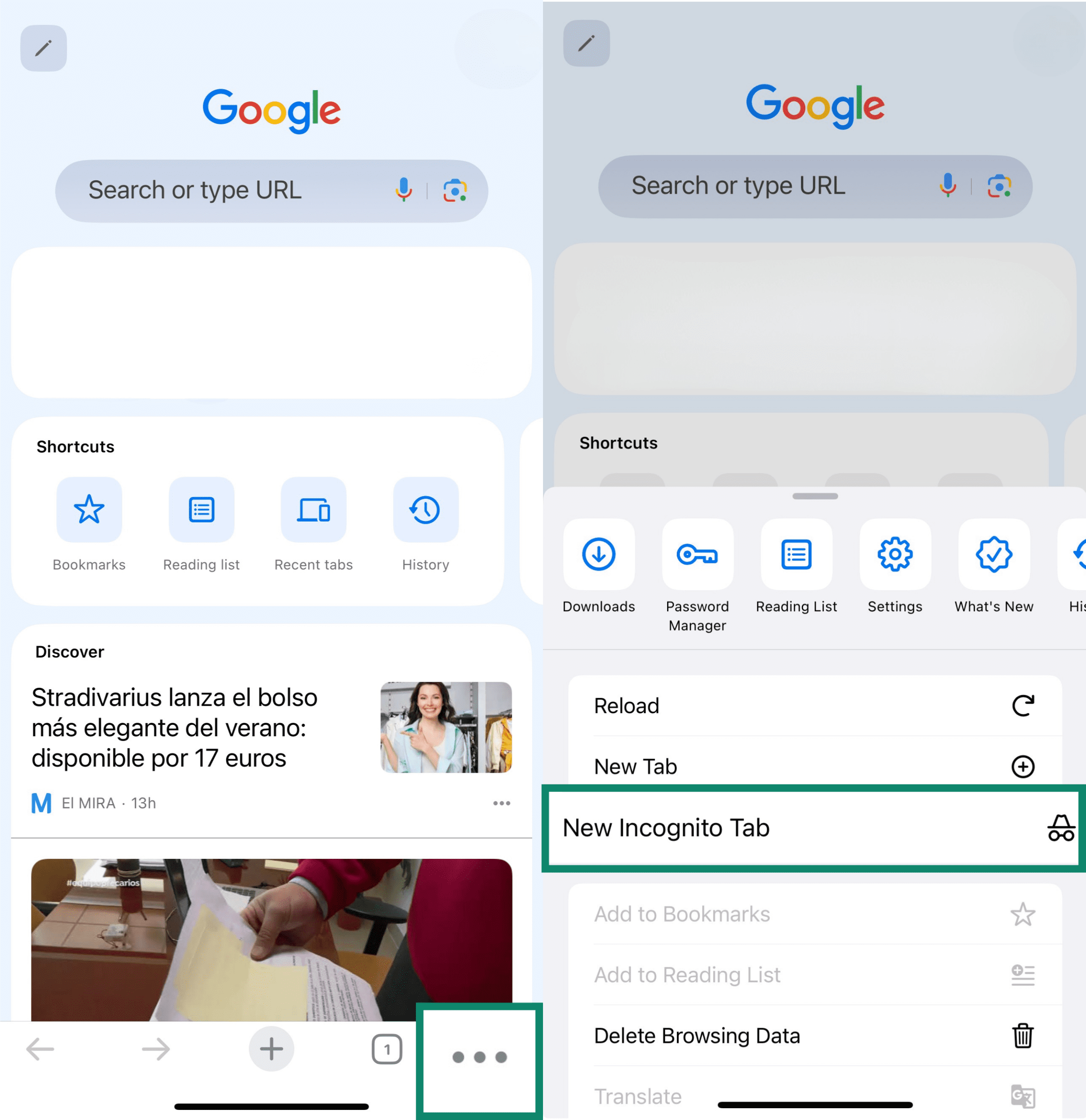 Two side-by-side screenshots of the Chrome app on iPhone. The left screenshot highlights the three-dot menu icon in the bottom-right corner. The right screenshot shows the menu open with 